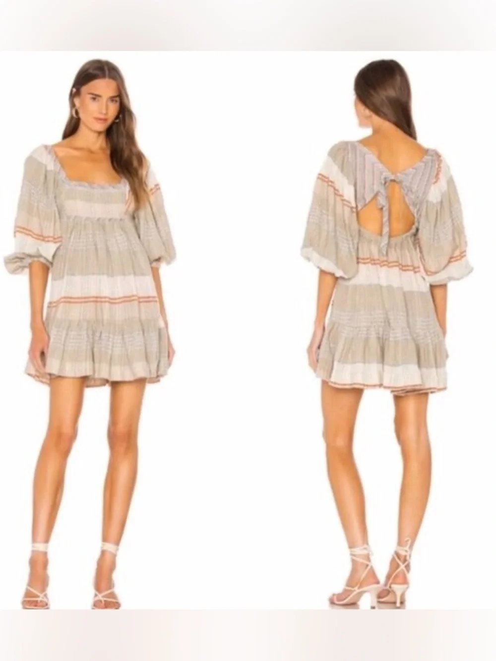 Free People Cozy Striped Peasant Mini Dress Size S Open Back Ivory Combo NWT